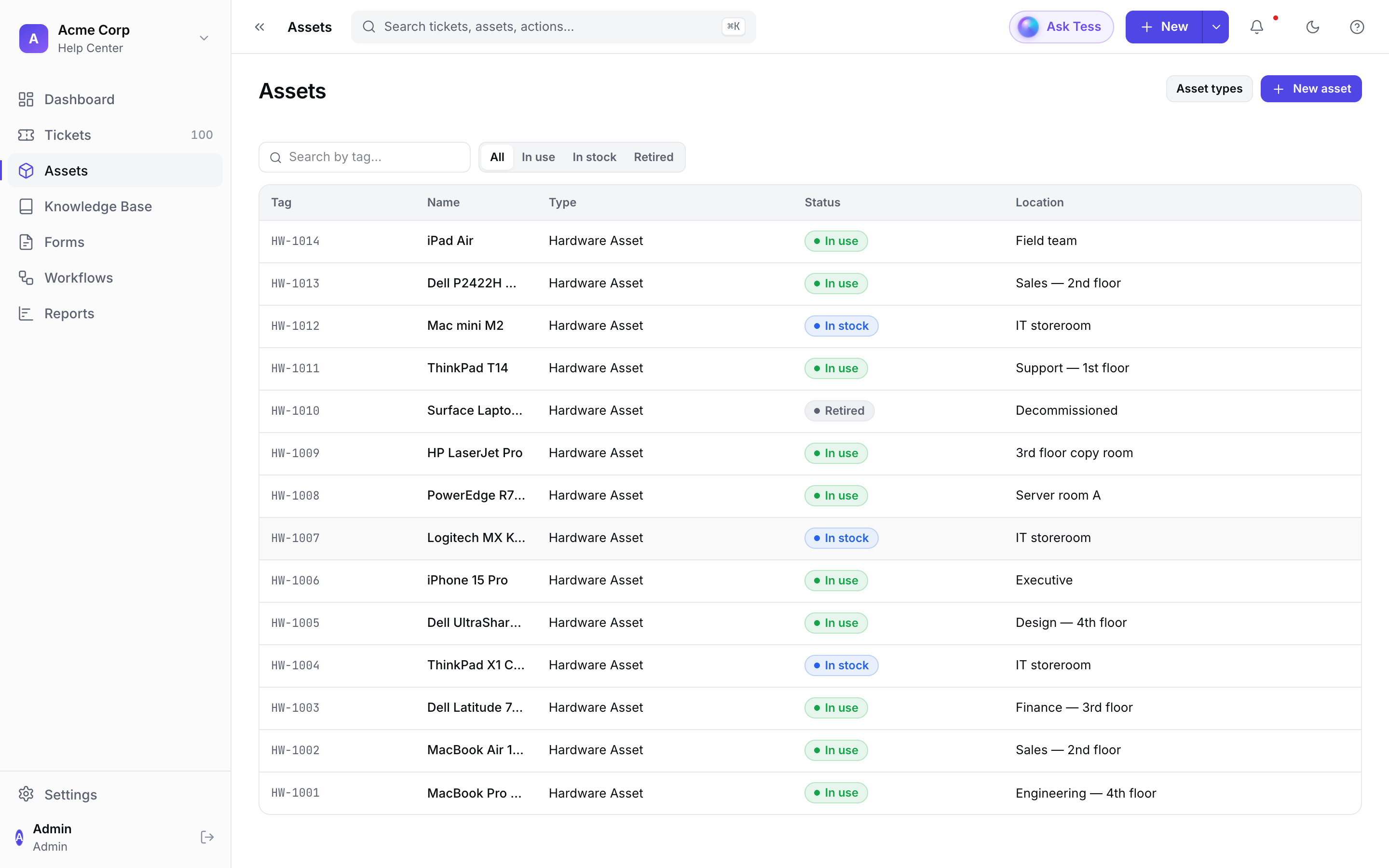 Tessio assets list with hardware tagged by status, type, and location
