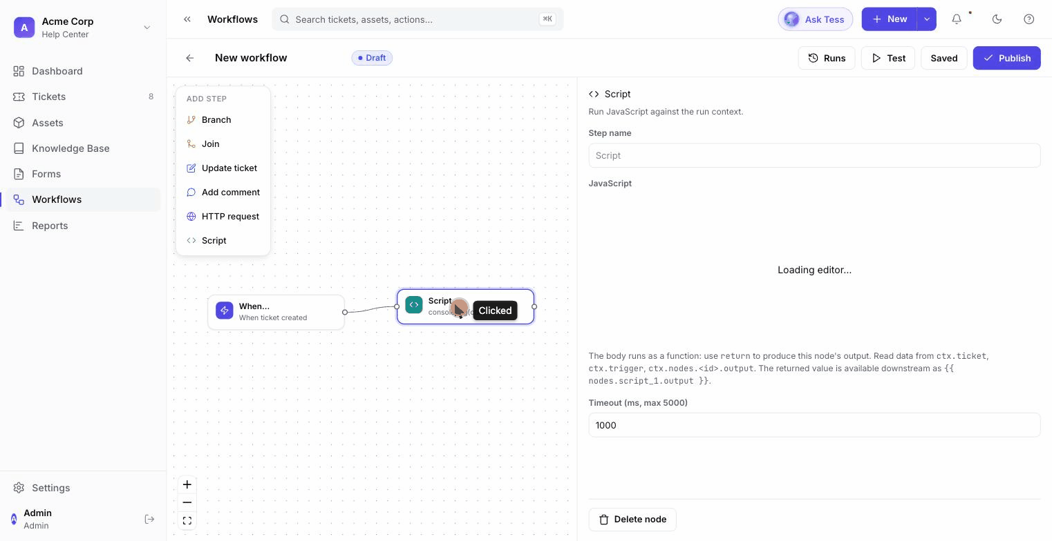 Clip: opening a script step's configuration in the workflow builder
