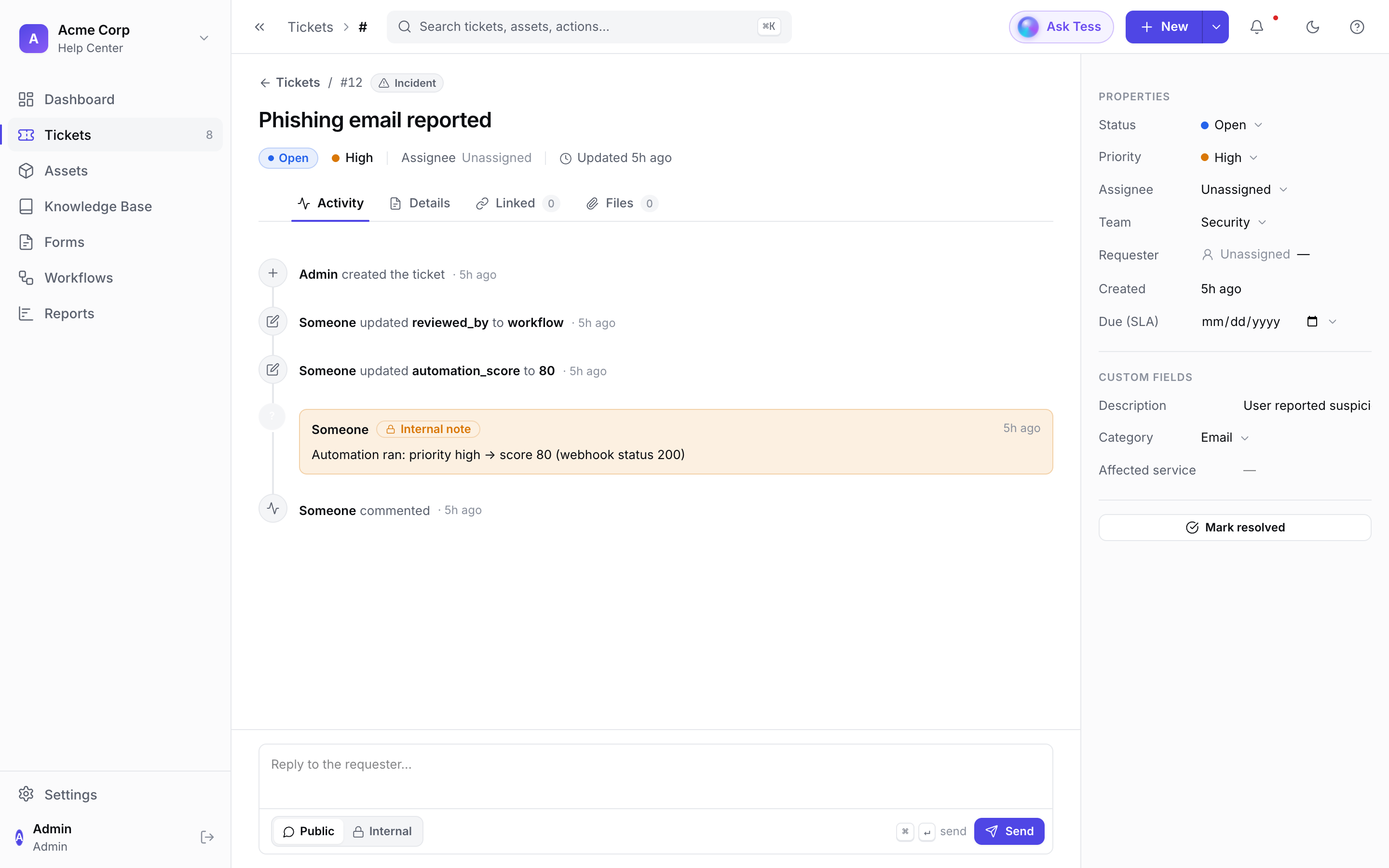 Tessio ticket detail with an activity timeline, properties panel, custom fields, and a reply box
