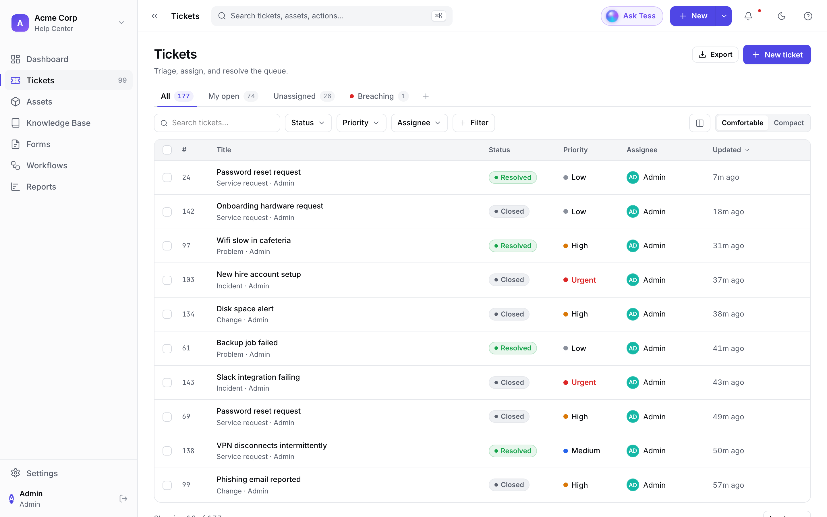 Tessio ticket queue with status, priority, and assignee columns across triage tabs