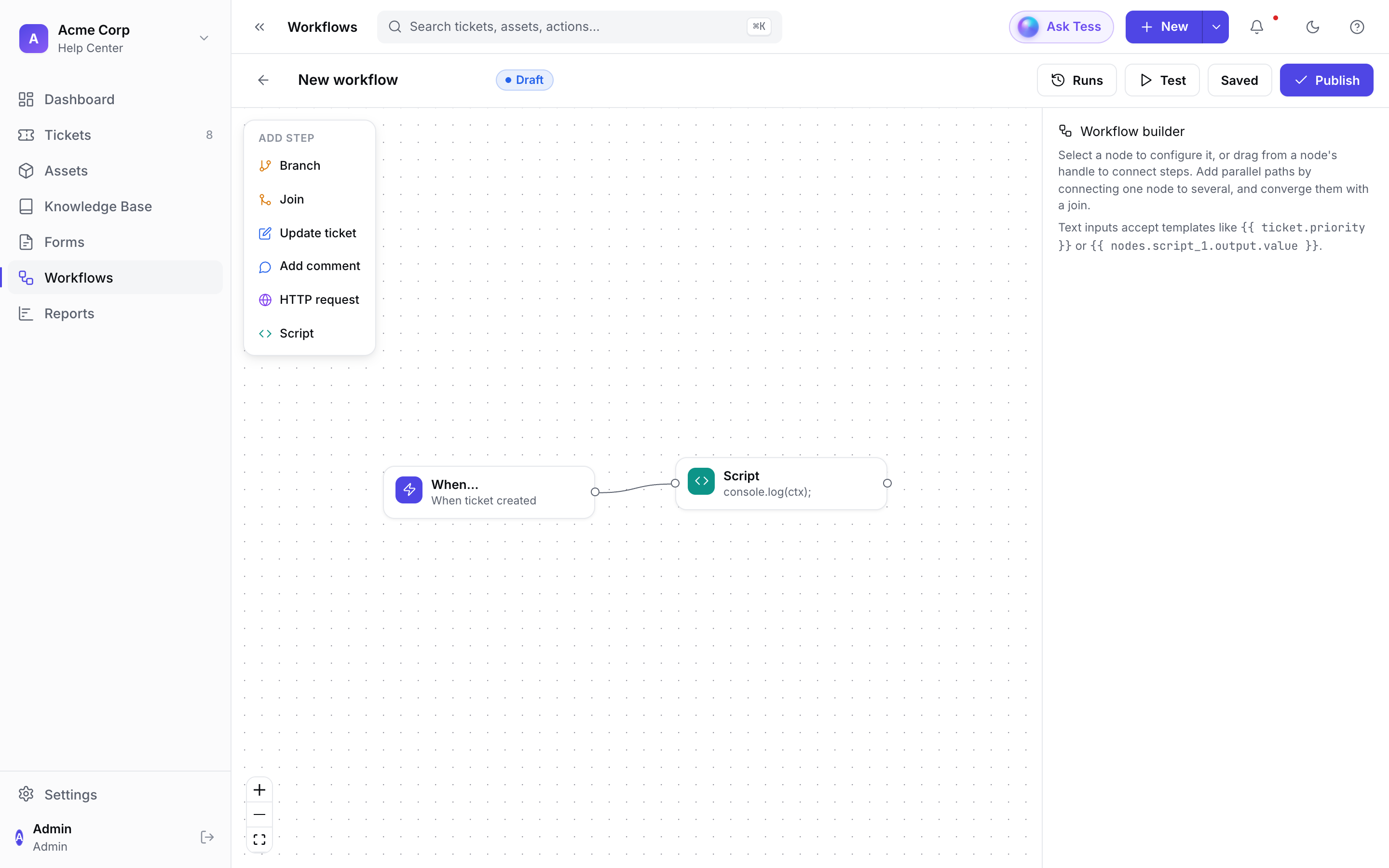 Tessio workflow builder: a node graph with a trigger connected to a script step and a step palette